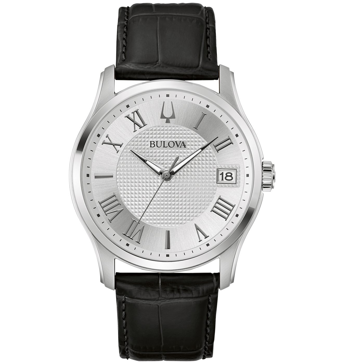 Silberne Bulova-Uhr mit schwarzem Lederarmband und römischen Ziffern auf dem Zifferblatt.