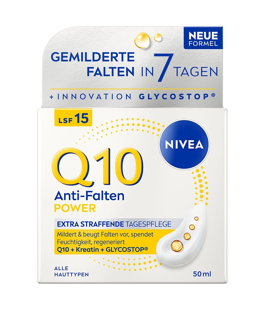 NIVEA Q10 Anti-Falten Power Tagespflege mit LSF 15 in neuer Formel für gemilderte Falten in 7 Tagen.