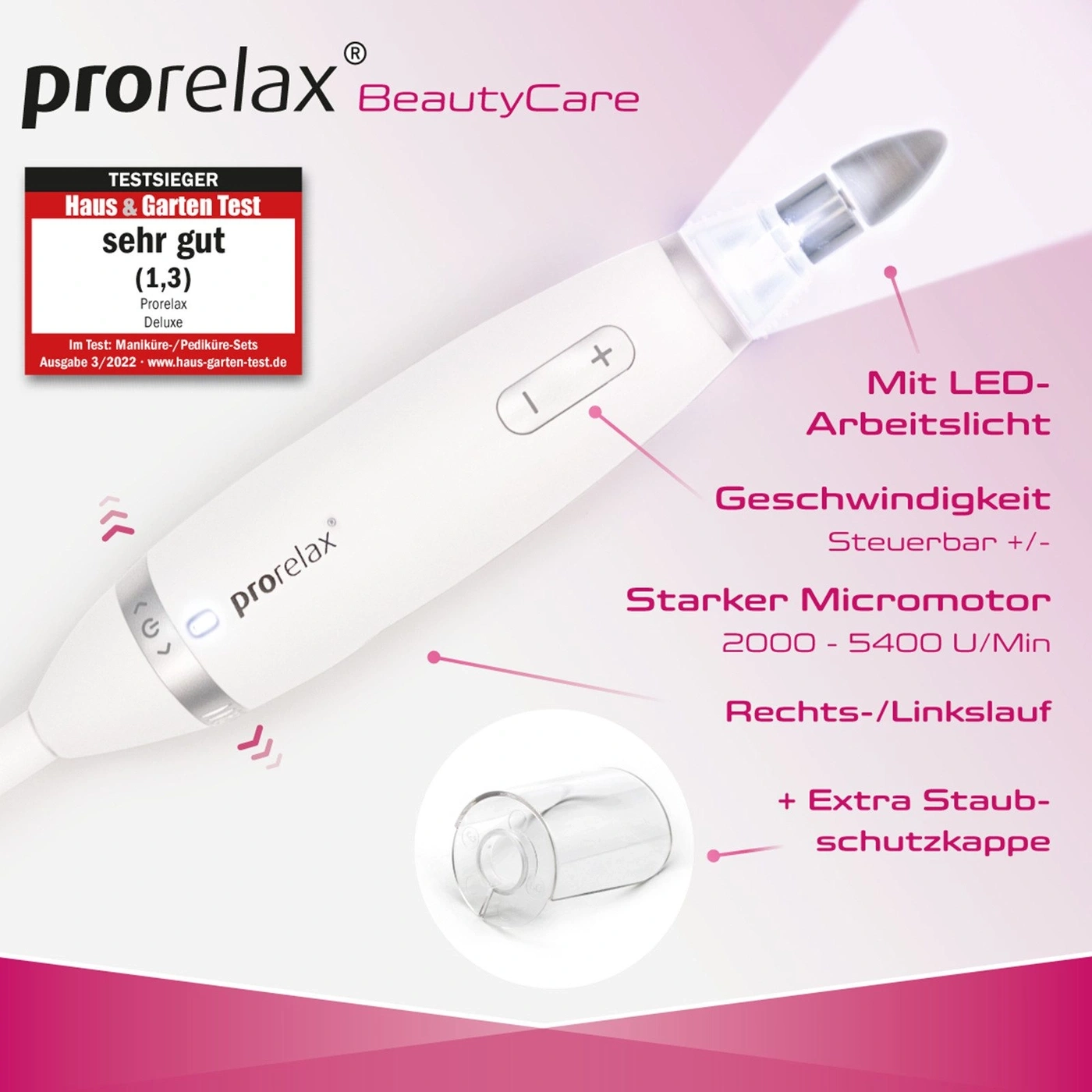 Prorelax BeautyCare Maniküre-Set mit LED-Arbeitslicht und Staubschutzkappe