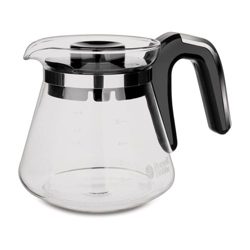 Kaffeekanne aus Glas mit schwarzem Griff und Messskala, Russell Hobbs