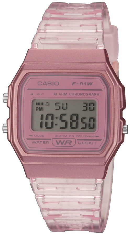 Rosa Casio F-91W Uhr mit digitaler Anzeige und transparentem Armband