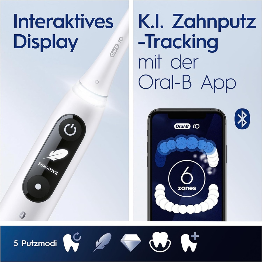 Zahnbürste mit Display, K.I. Tracking und Oral-B App, 5 Putzmodi.