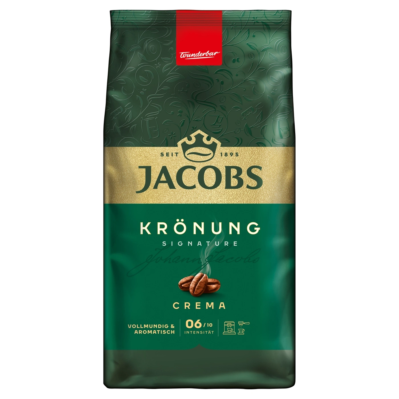 Jacobs Krönung Signature Crema Kaffee Packung mit Bohnen und Intensitätsangabe
