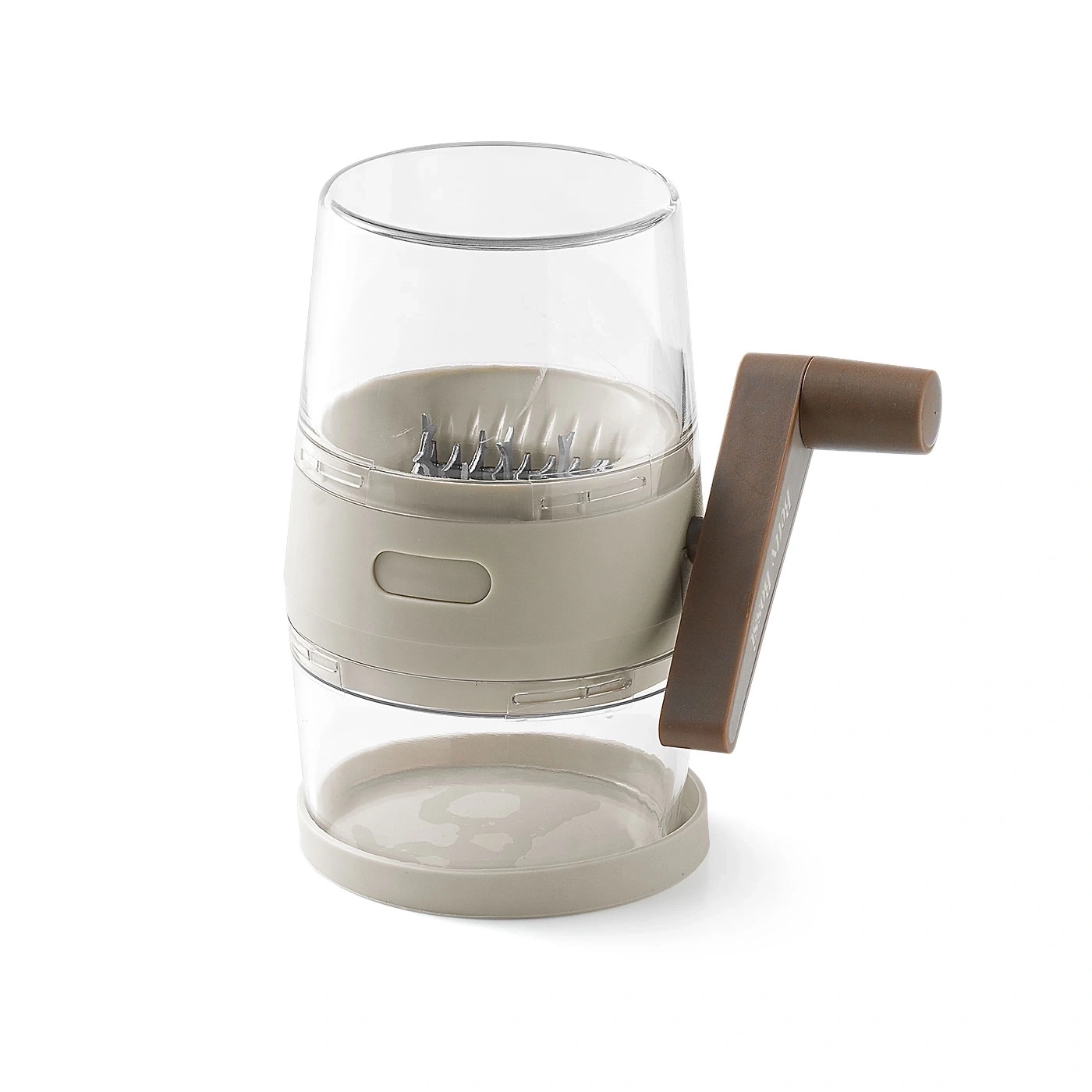 Handkurbel-Gemüseschneider, transparent, braun, Küchenutensil, isoliert auf Weiß