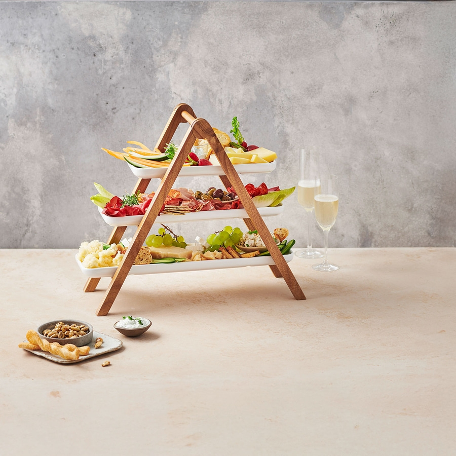 BETTY BOSSI Etagere 3 Servierplatten Porzellan Holz Servierständer