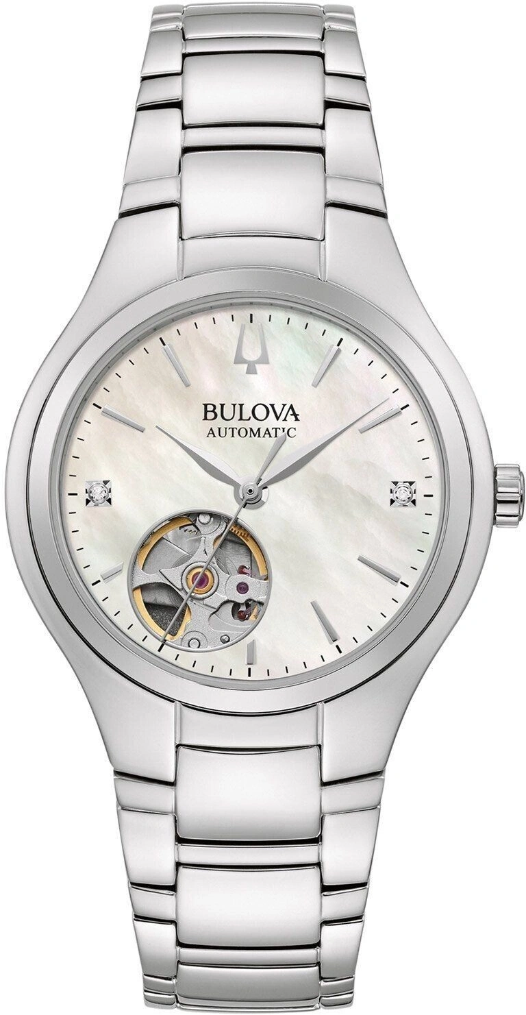 Bulova Automatikuhr, silbernes Armband, Perlmutt-Zifferblatt, Diamanten, offenes Zifferblatt