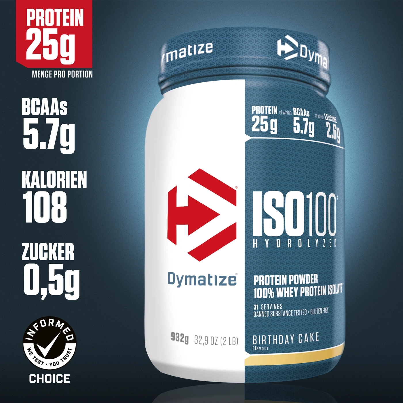 Dymatize ISO100 Protein-Pulver, 25g Protein, 100% Whey Protein Isolate, Geburtstagskuchen