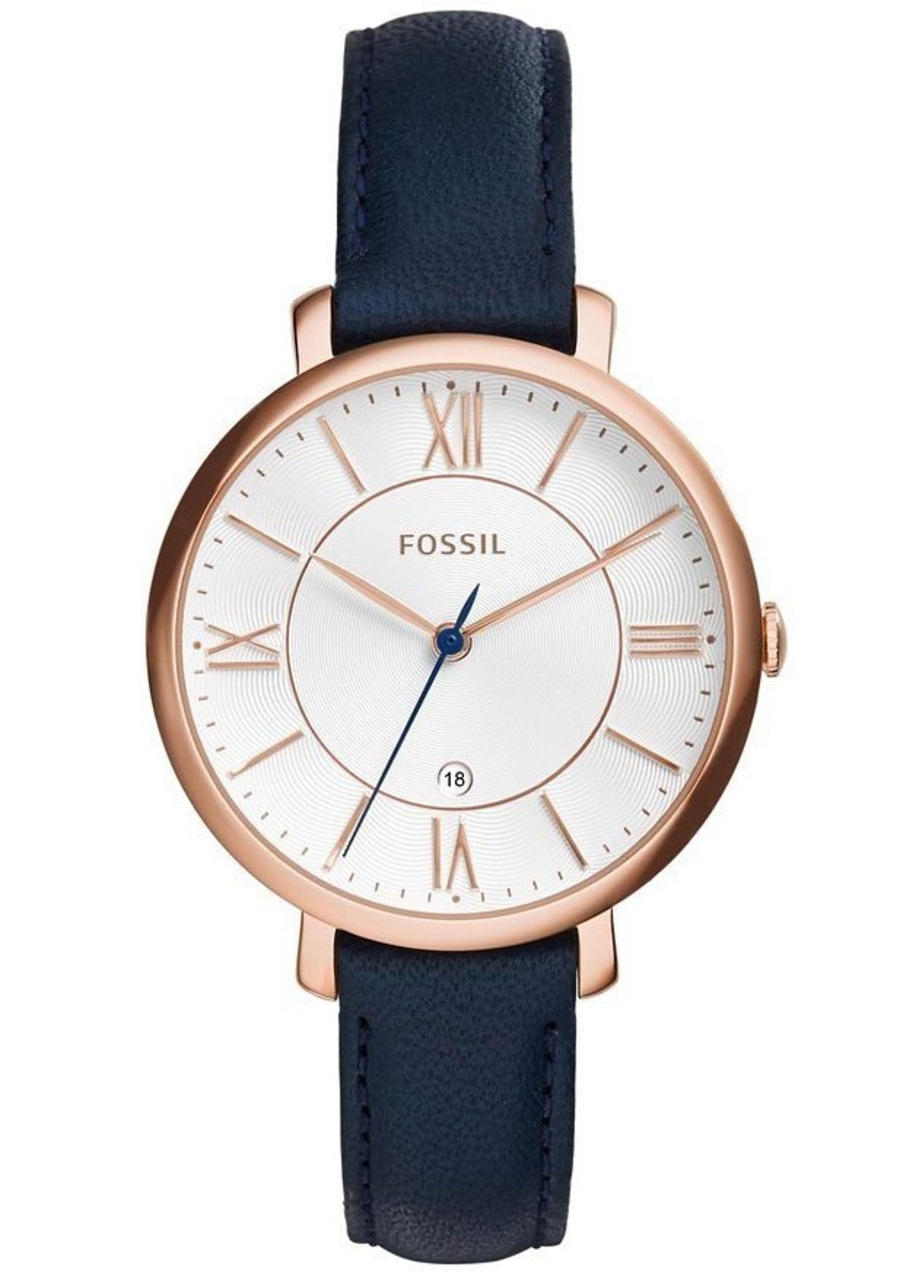 Fossil Damenuhr mit blauem Lederarmband und roségoldfarbenem Gehäuse, weißes Zifferblatt