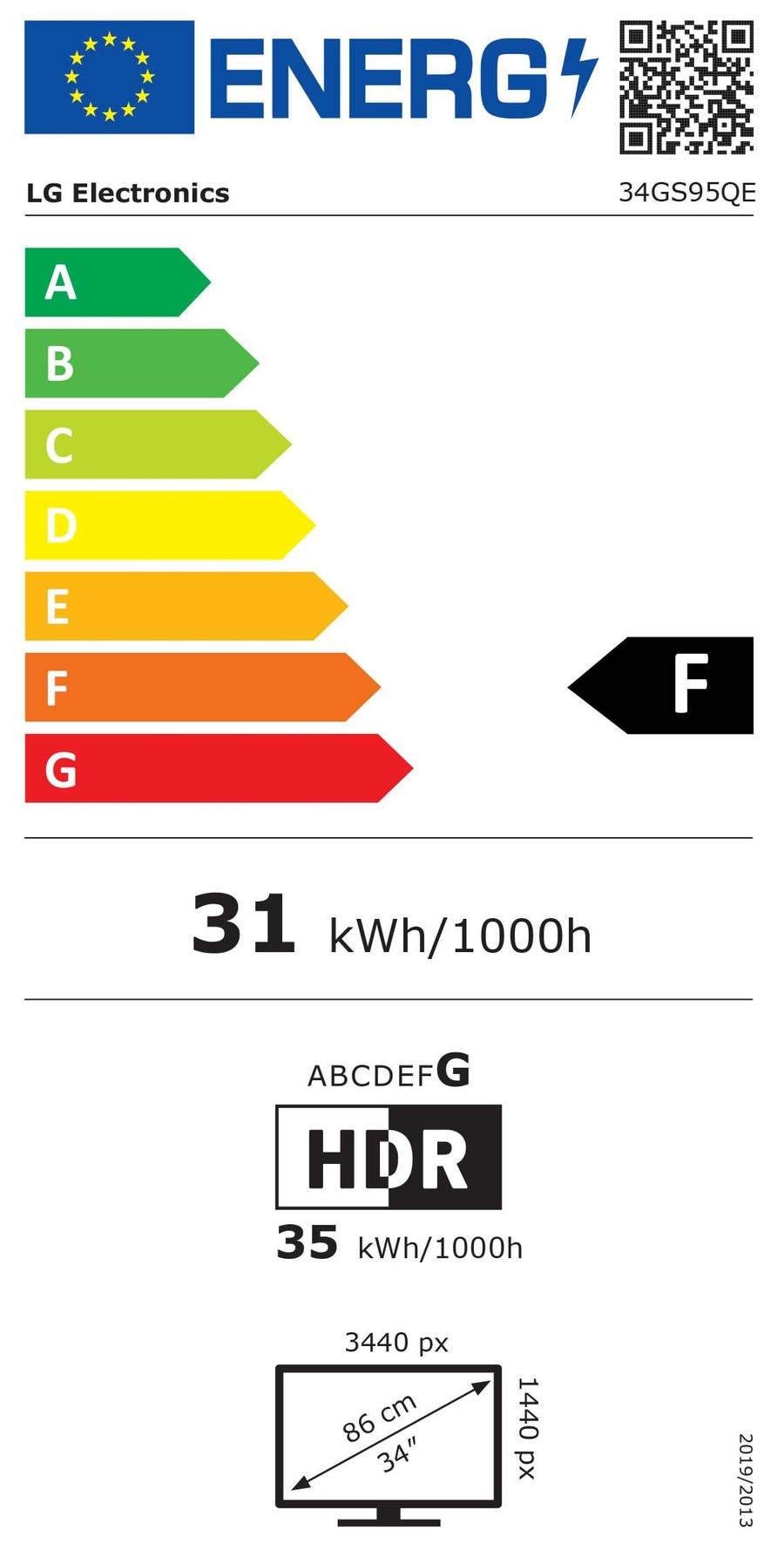 Energieeffizienzlabel für LG Electronics Fernseher, Energieklasse F, 31 kWh/1000h
