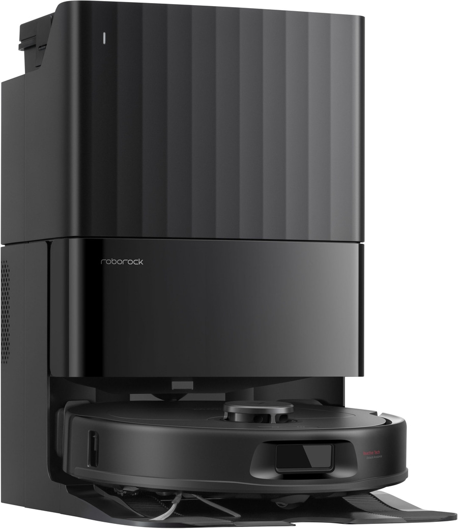 Schwarzer Roborock S7 MaxV Ultra Staubsaugerroboter mit Dockingstation