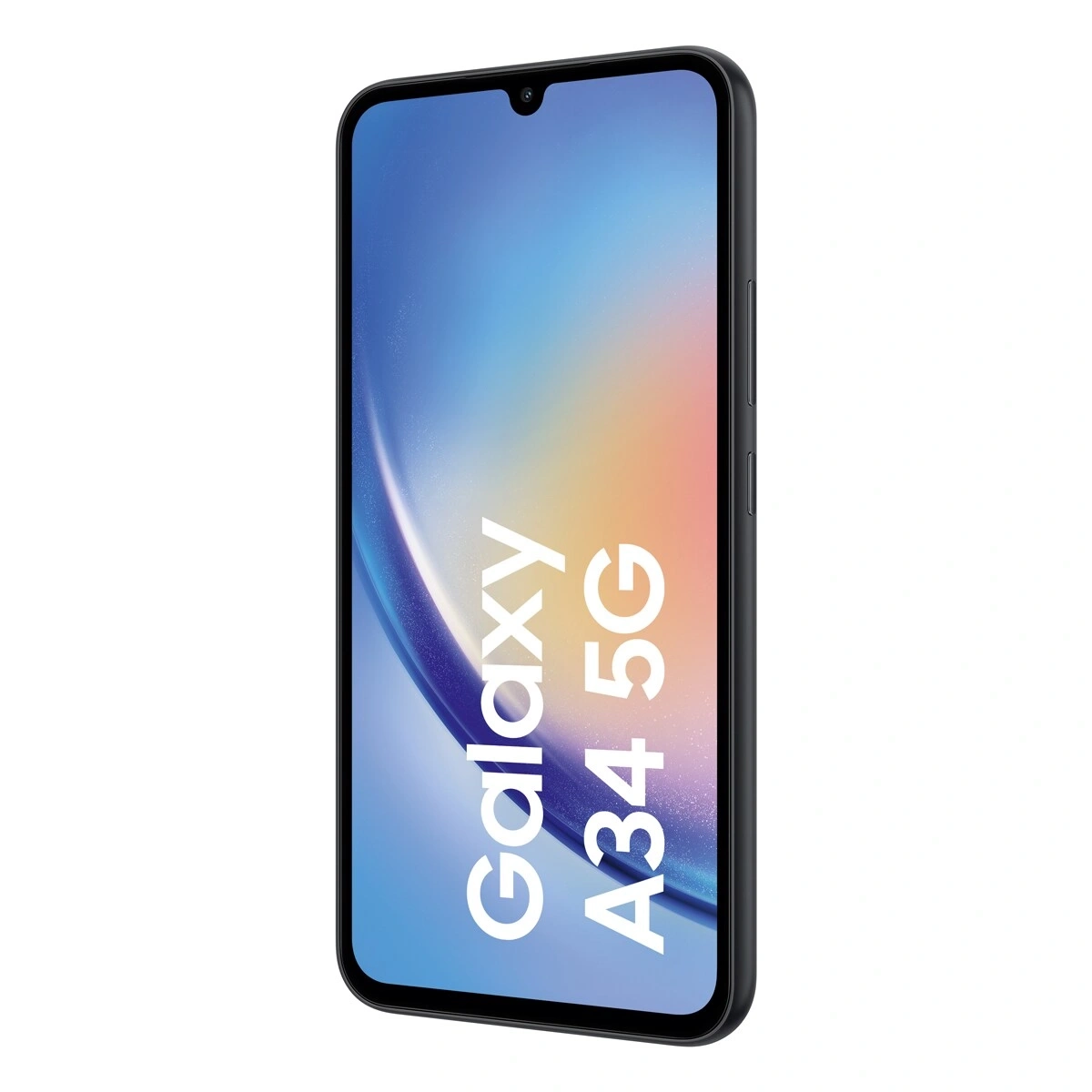 Ein schwarzes Samsung Galaxy A34 5G Smartphone mit einem Farbverlauf auf dem Display.