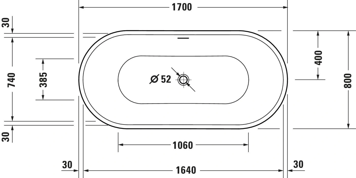 Badewanne mit Abmessungen: 1700x800x740mm, Durchmesser 52mm, 1640mm, 1060mm, 385mm, 400mm, 30mm.