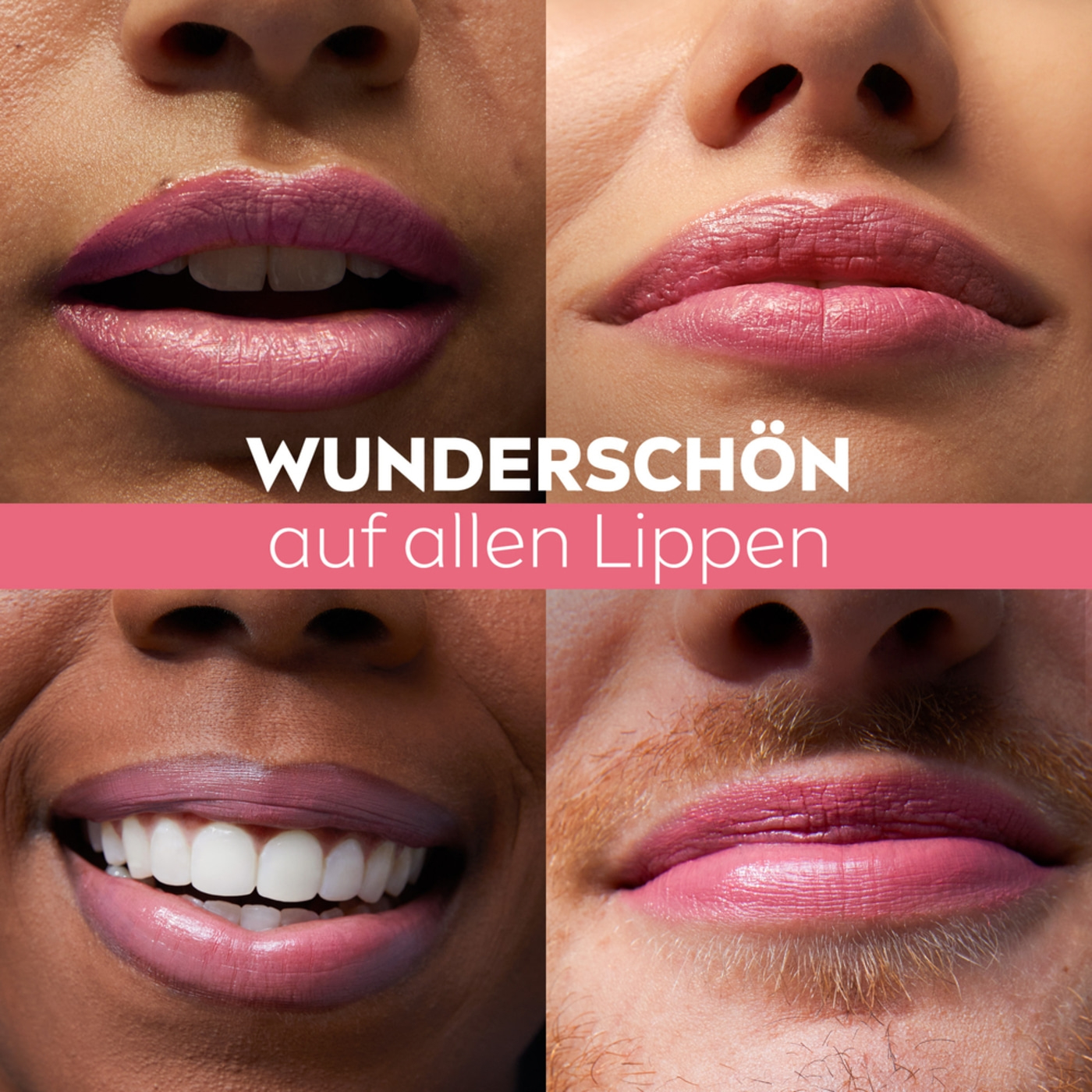 Vier Personen mit verschiedenen Lippenstifttönen auf den Lippen