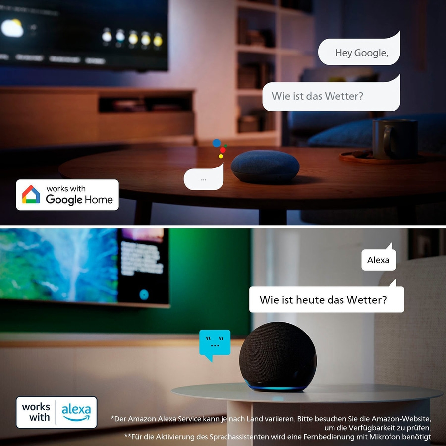 Google Home und Alexa, die das Wetter abfragen. Smart Home Technologie.