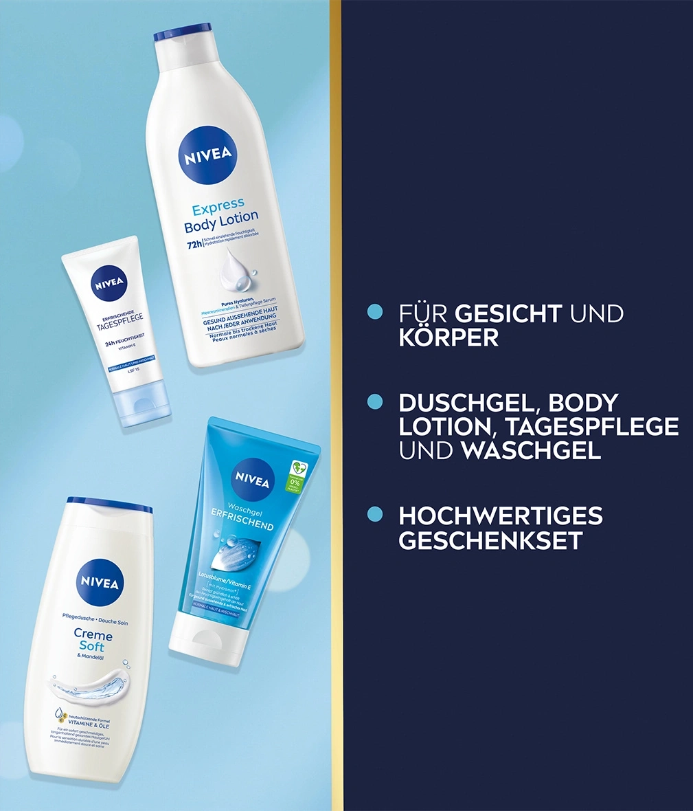 Nivea Körperpflegeprodukte: Body Lotion, Tagespflege und Waschgel im Set