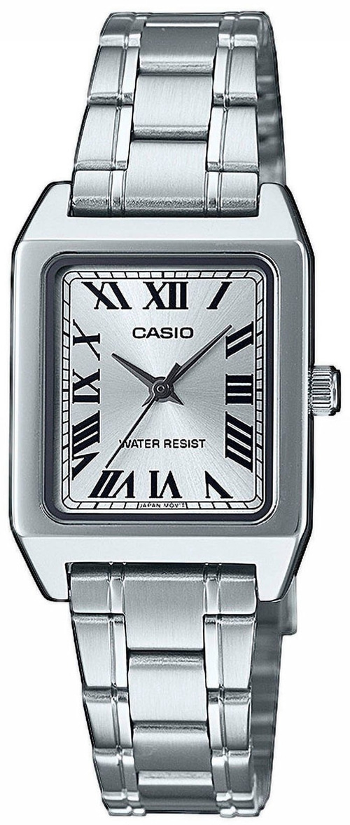 Silberne Casio-Uhr mit römischen Ziffern und rechteckigem Zifferblatt, Metallarmband