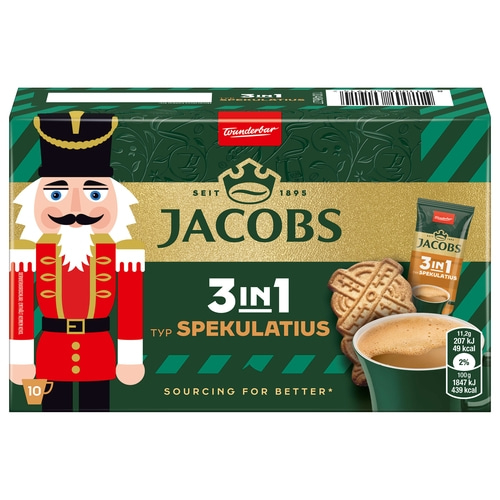 Jacobs 3in1 Spekulatius, Packung mit 10 Beuteln, mit einem Nussknacker-Design und Nährwertangaben.