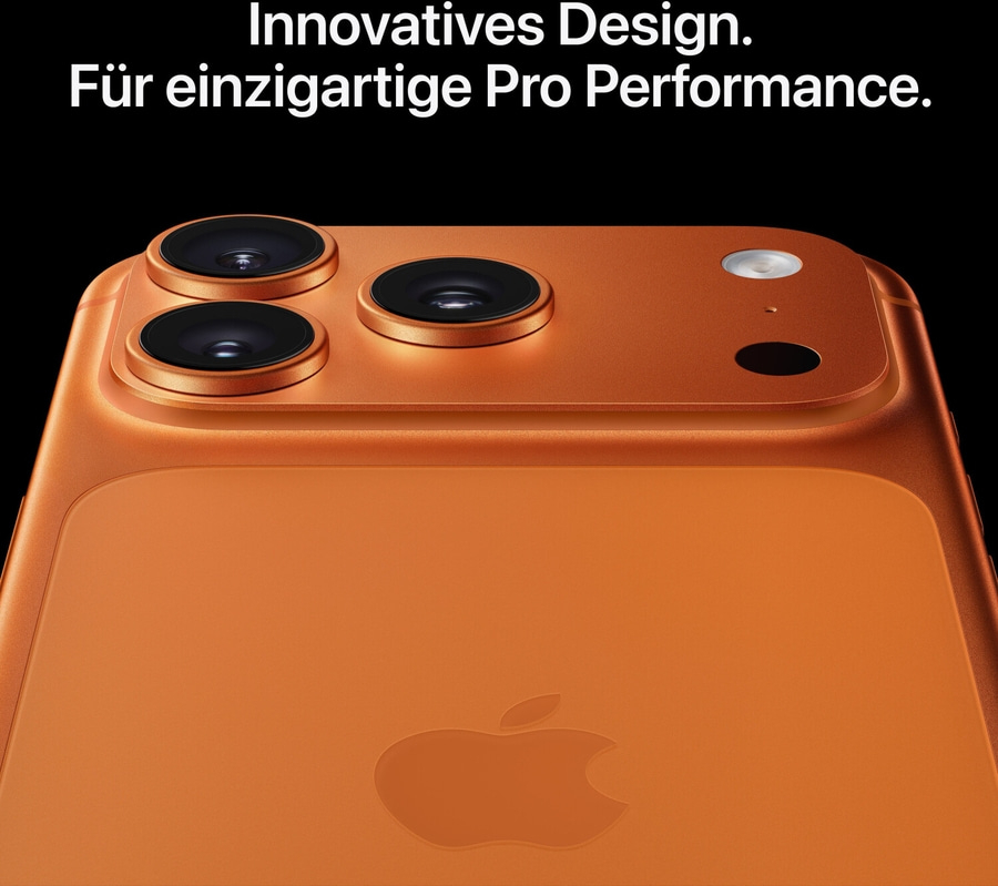 Innovatives Design. Für einzigartige Pro Performance. Orange iPhone mit drei Kameras.