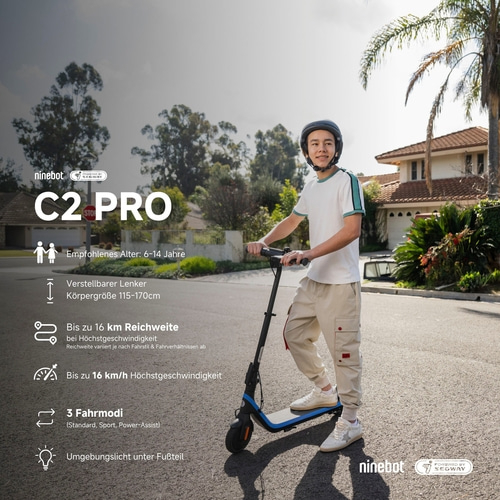 C2 PRO E-Scooter mit Kind, Reichweite, Geschwindigkeit, Fahrmodi und Umgebungslicht