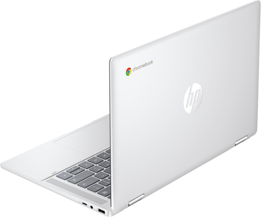 Weißes HP Chromebook mit geschlossenem Deckel, aus der Nähe betrachtet.