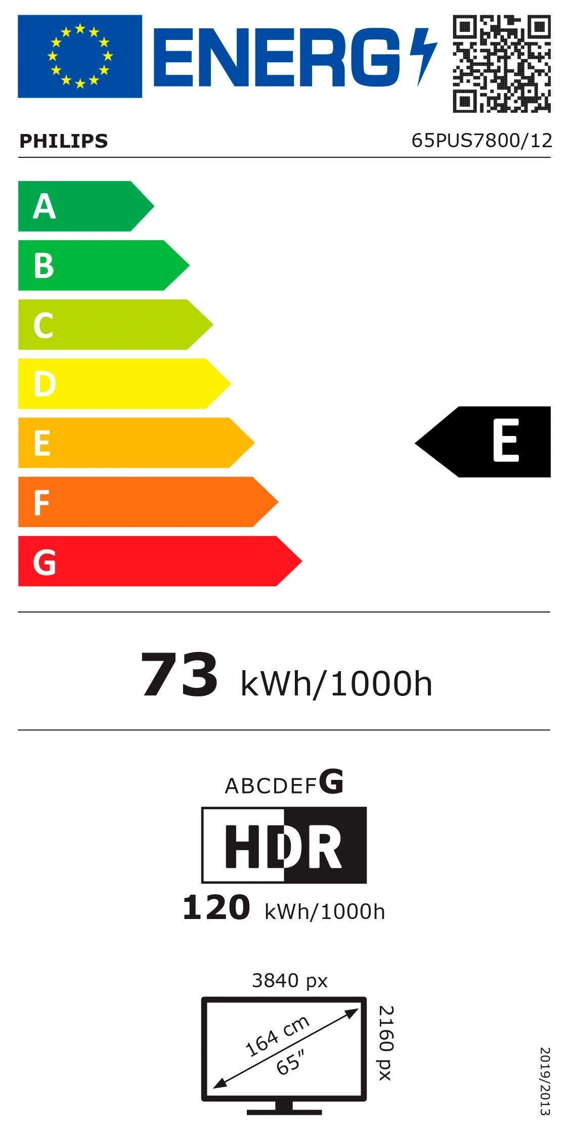 Energieeffizienzlabel: PHILIPS Fernseher mit Klasse E, 73 kWh/1000h und 120 kWh/1000h für HDR.