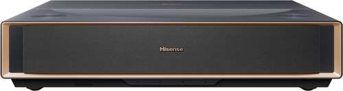 Ein Hisense Projektor mit schwarzem Gitter und goldenem Rahmen.