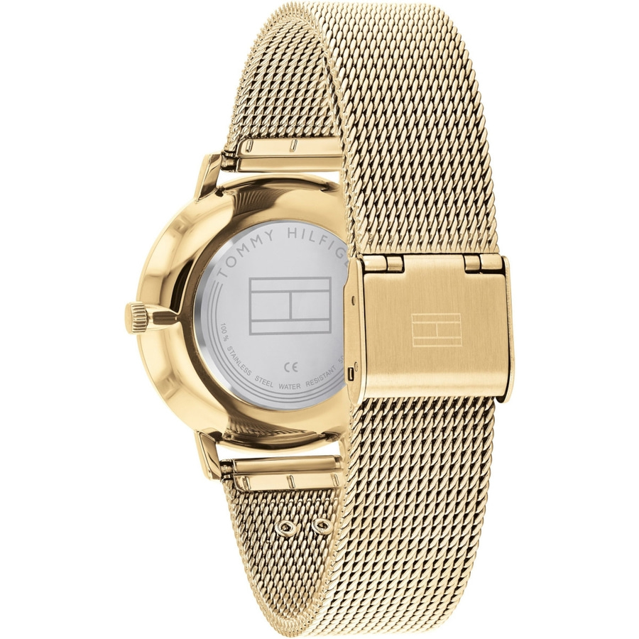 Goldene Tommy Hilfiger Uhr, Mesh-Armband, Detailansicht, Nahaufnahme, Luxus