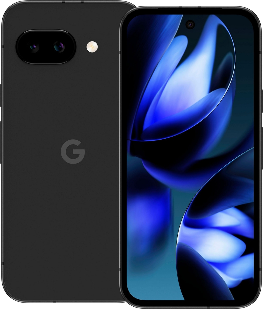 Schwarzes Google Pixel Smartphone mit zwei Kameras und einem G-Logo auf der Rückseite.