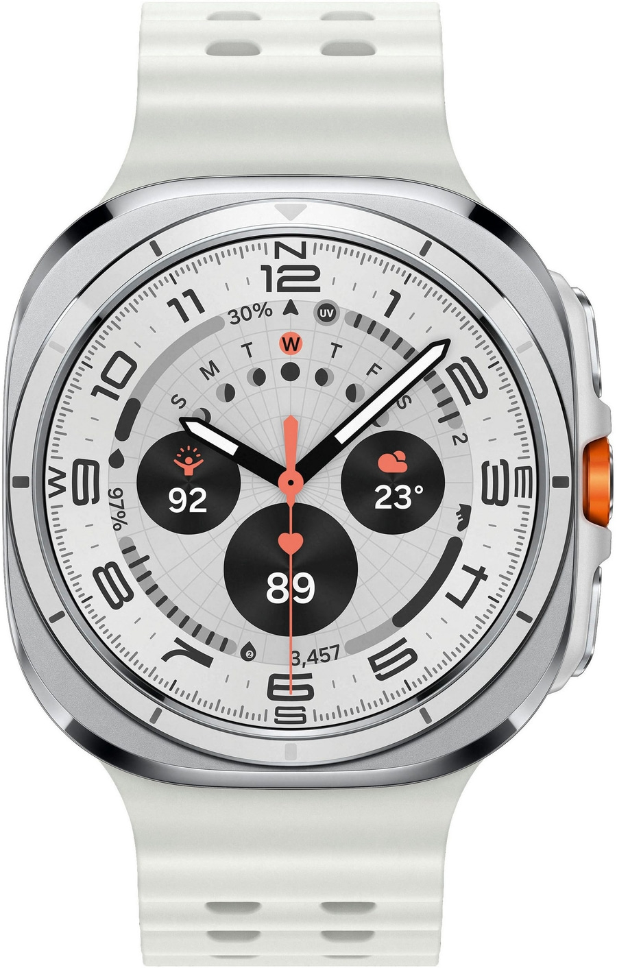 Smartwatch mit weißem Armband, Zifferblatt mit vielen Funktionen und Anzeigen.