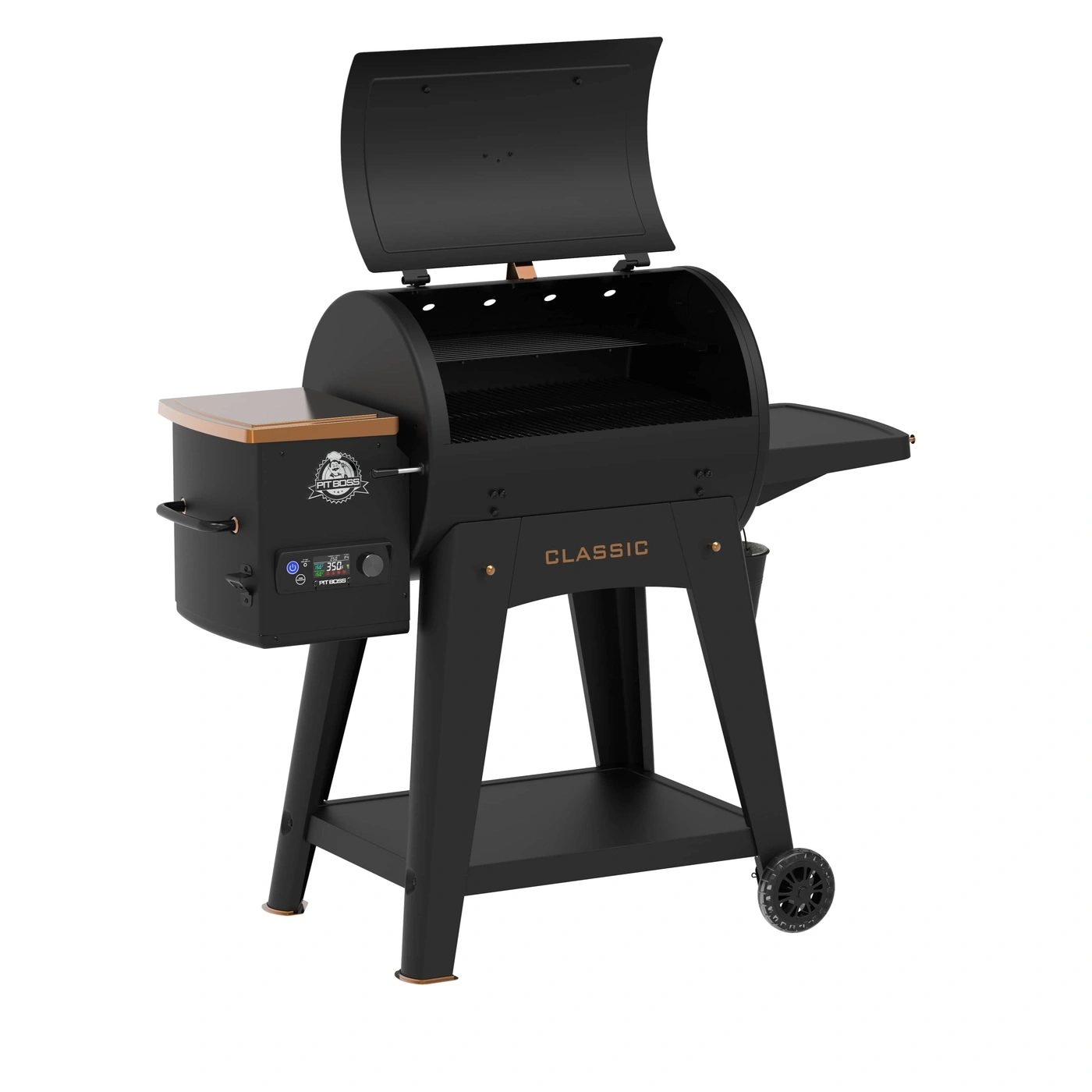 Schwarzer Pit Boss Classic Pelletgrill mit offenem Deckel und digitaler Anzeige.