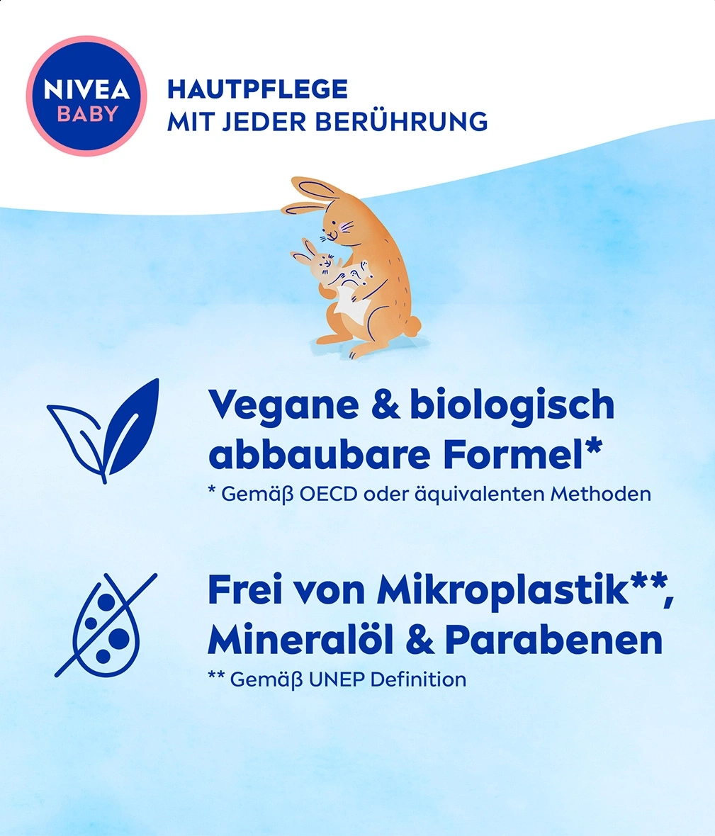 Nivea Baby Hautpflege, vegane Formel, frei von Mikroplastik, Mineralöl und Parabenen.