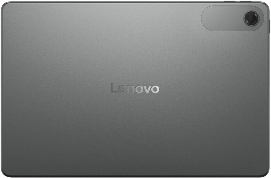 Das ist ein Lenovo Tablet in Grau mit einer Kameralinse oben rechts.