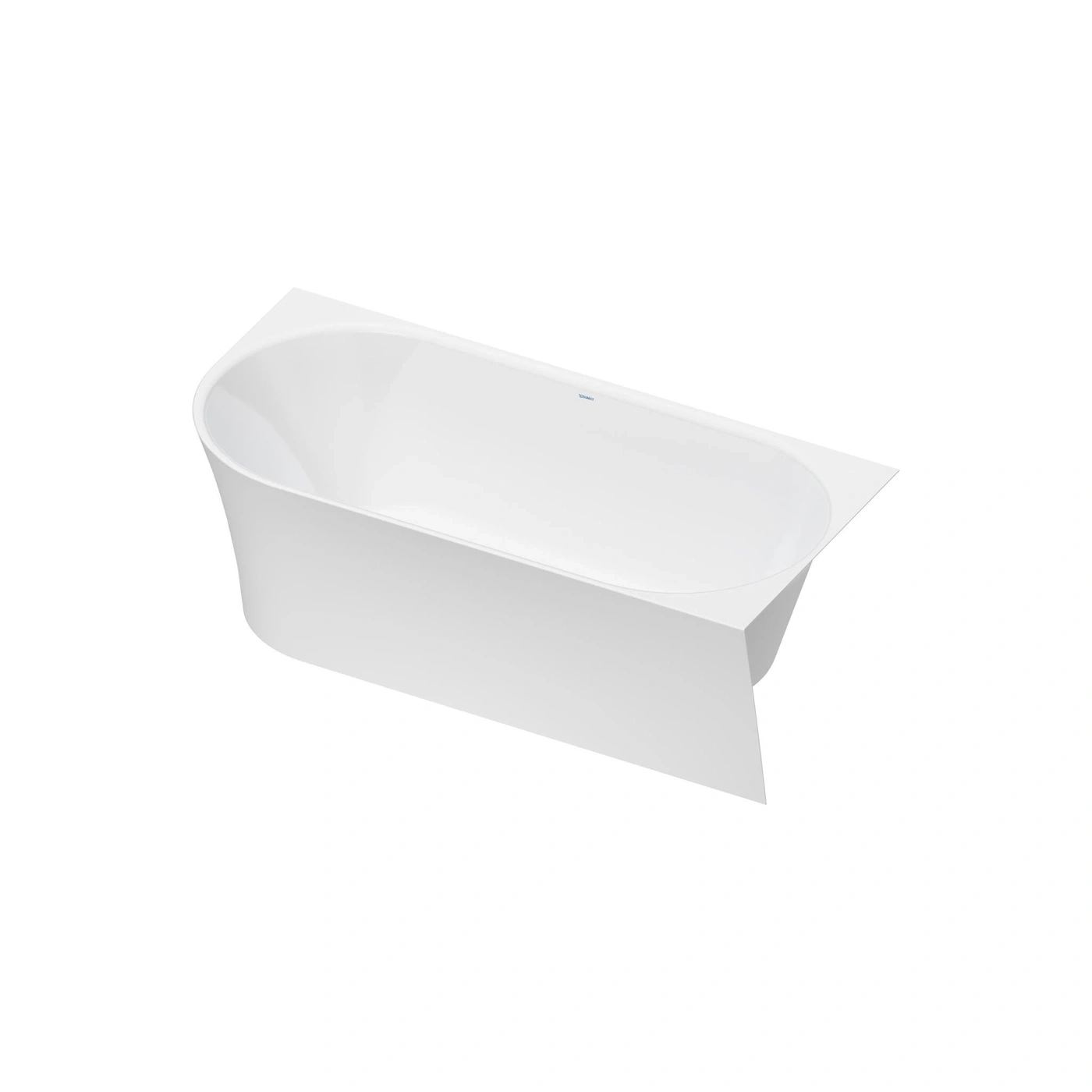 Eine weiße freistehende Badewanne mit einem breiten Rand und einer Verkleidung.