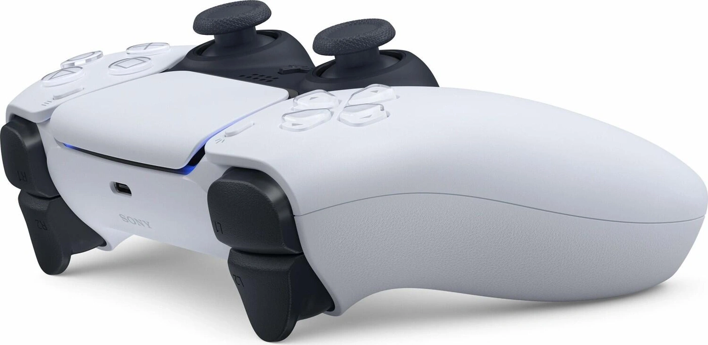 Ein weißer PlayStation 5 Controller, Nahaufnahme der rechten Seite.
