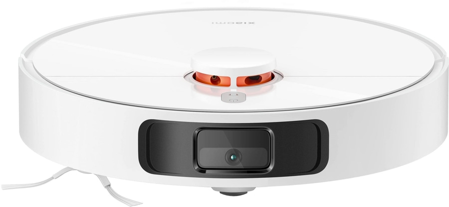 Weißer Roboter-Staubsauger mit Kamera und Sensoren, Xiaomi-Logo.