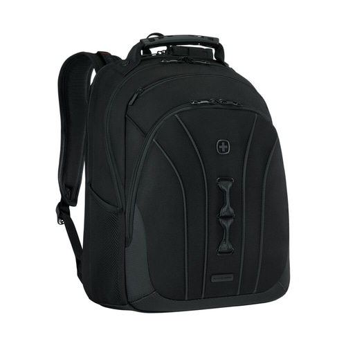 Schwarzer Rucksack mit Schweizer Kreuz, robust und stilvoll, ideal für den täglichen Gebrauch.