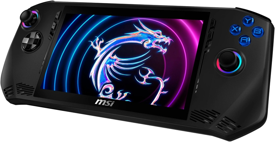 MSI-Handheld-Gaming-Konsole mit farbenfrohem Bildschirm und Dragon-Logo