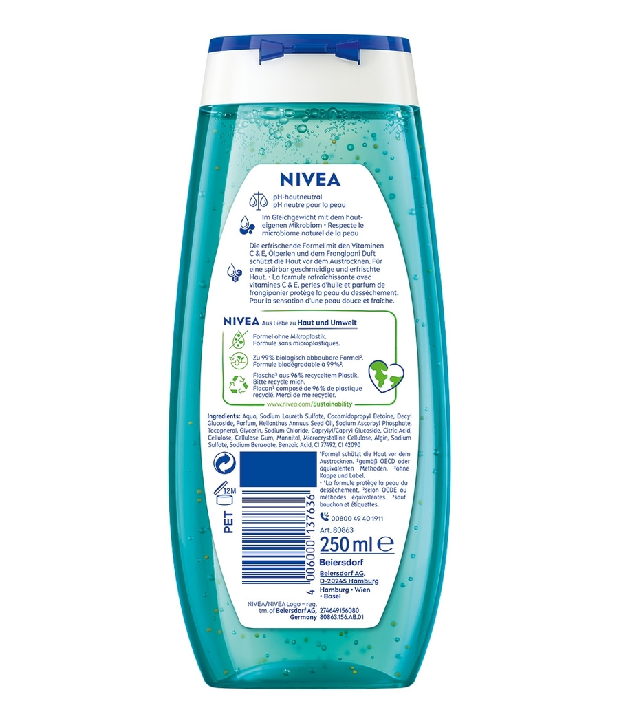 Nivea Duschgel, 250ml, pH-neutral, schützt vor Austrocknung, mit Vitaminen C & E, Frangipani Duft
