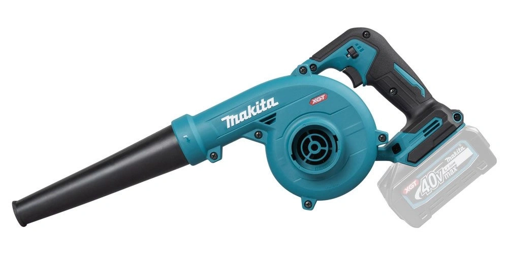 Ein türkiser Makita Laubbläser mit schwarzem Akku und Düse.