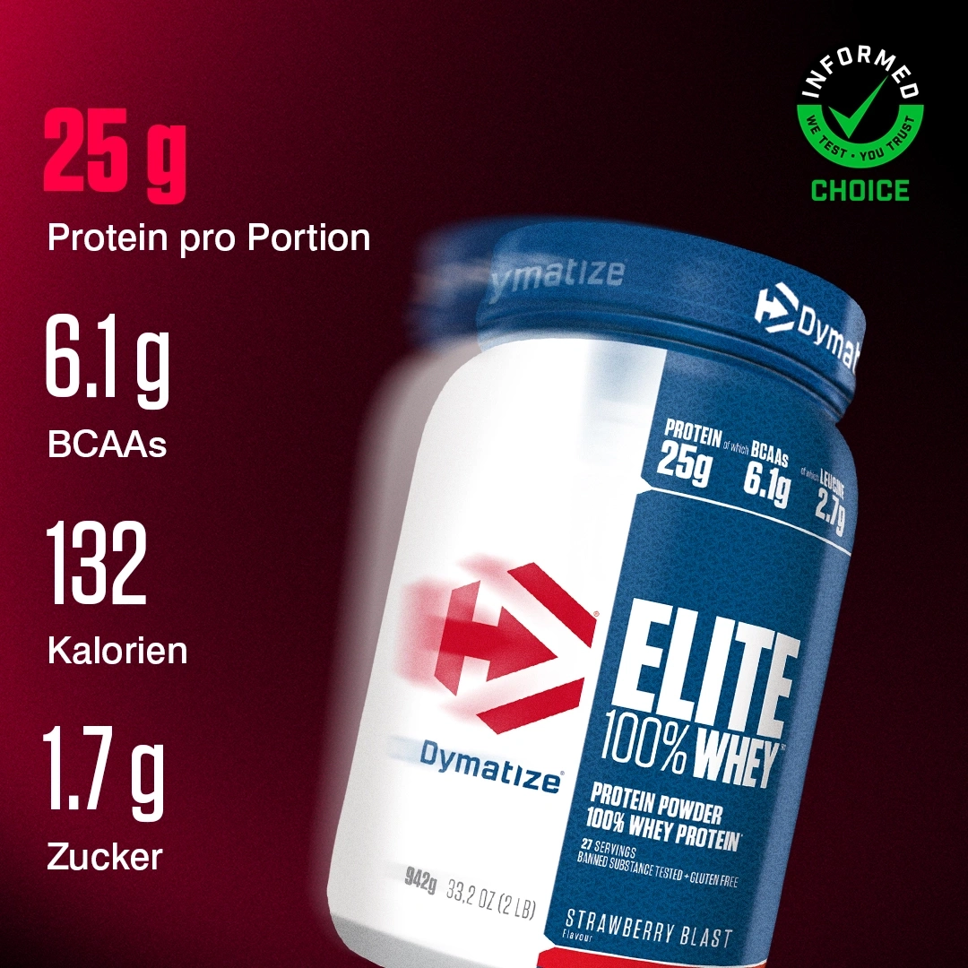 Dymatize Elite 100% Whey Protein Strawberry Blast Dose mit Nährwertangaben
