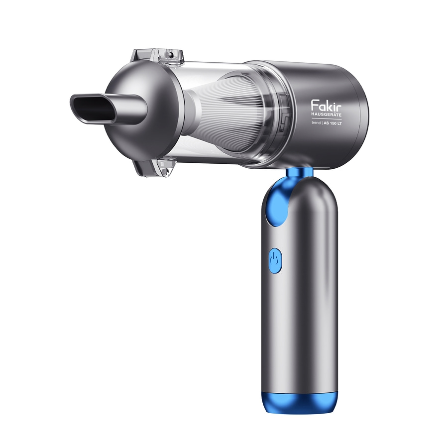 Silberner Handstaubsauger mit blauen Akzenten und Fakir Logo