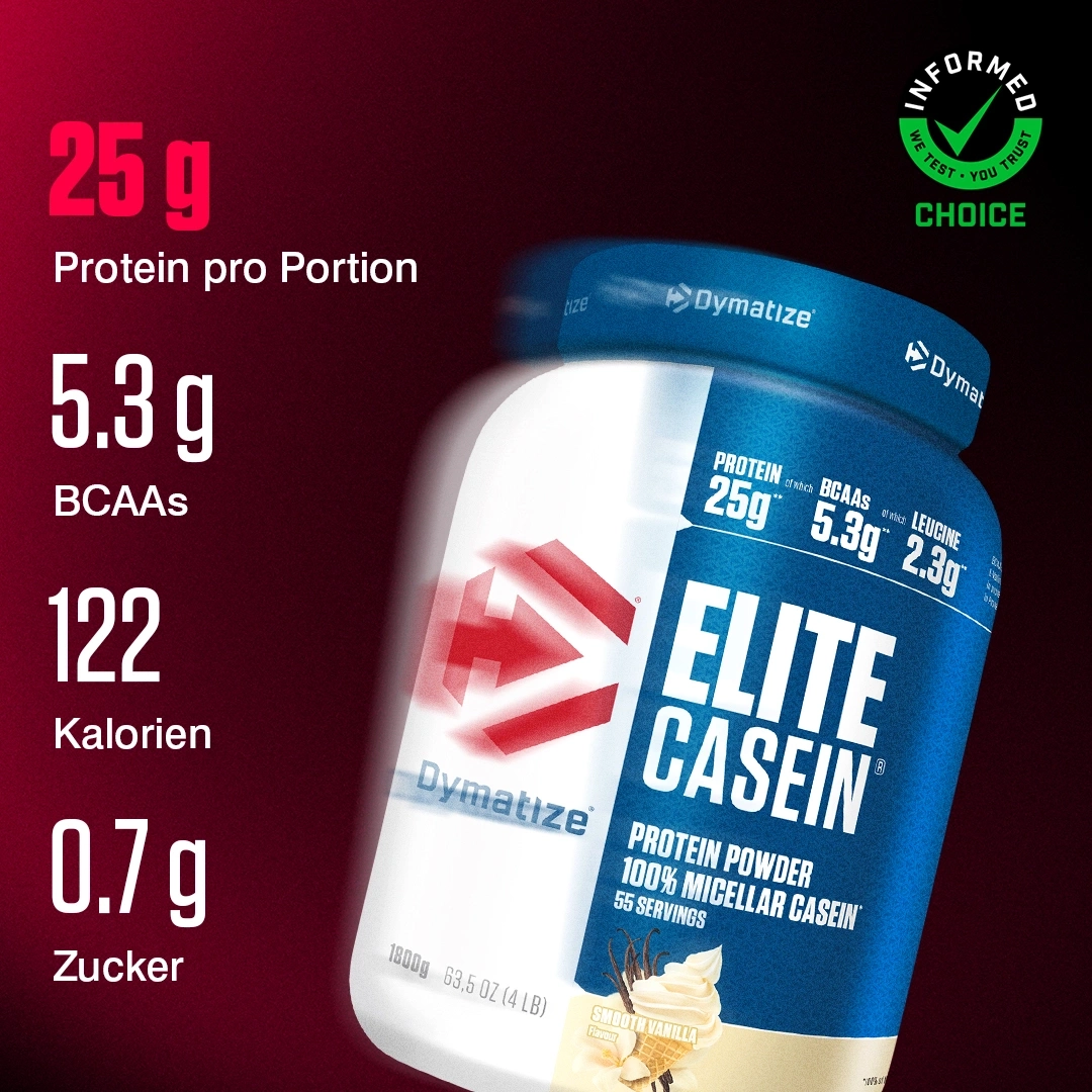 Dymatize Elite Casein Protein Pulver mit 25g Protein pro Portion.