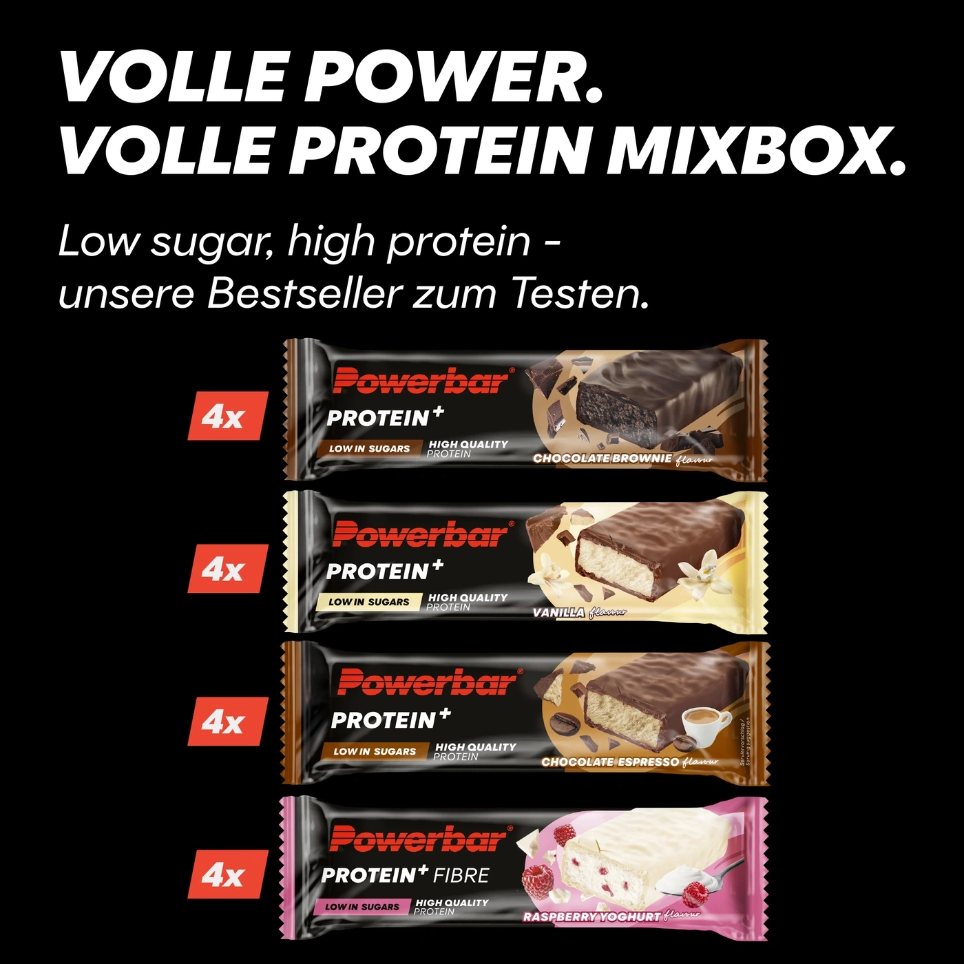Powerbar Protein Mixbox mit Schokolade, Vanille, Espresso und Himbeere Joghurt.
