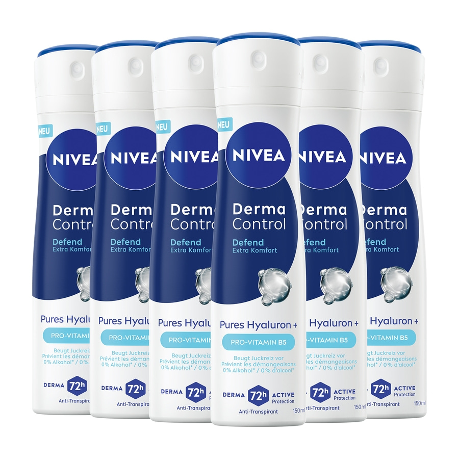 Fünf NIVEA Derma Control Deospray Flaschen mit Hyaluron und Pro-Vitamin B5