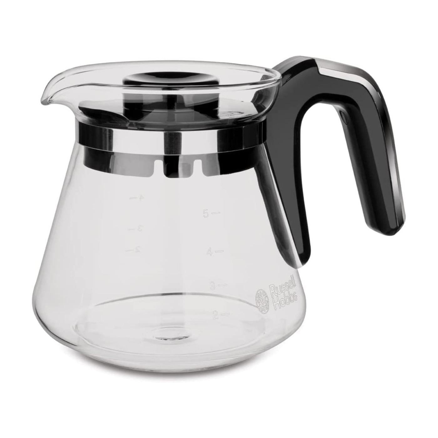 Kaffeekanne aus Glas mit schwarzem Griff und Messskala, Russell Hobbs