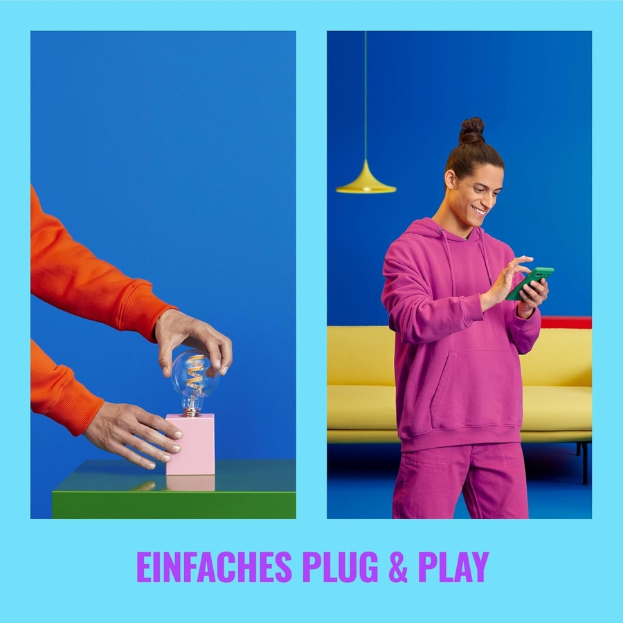 Mann mit Handy und Glühbirne, einfaches Plug & Play, blau und grün
