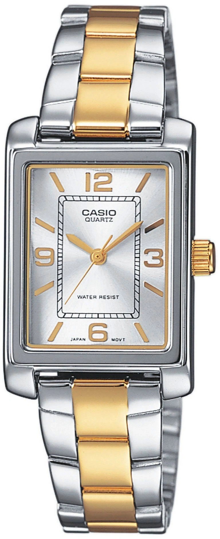 Eine rechteckige Casio Damenuhr mit silbernem und goldenem Armband und silbernem Zifferblatt.