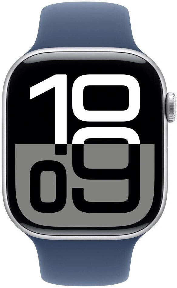 Eine Apple Watch zeigt die Uhrzeit 10:09 mit großen Ziffern.