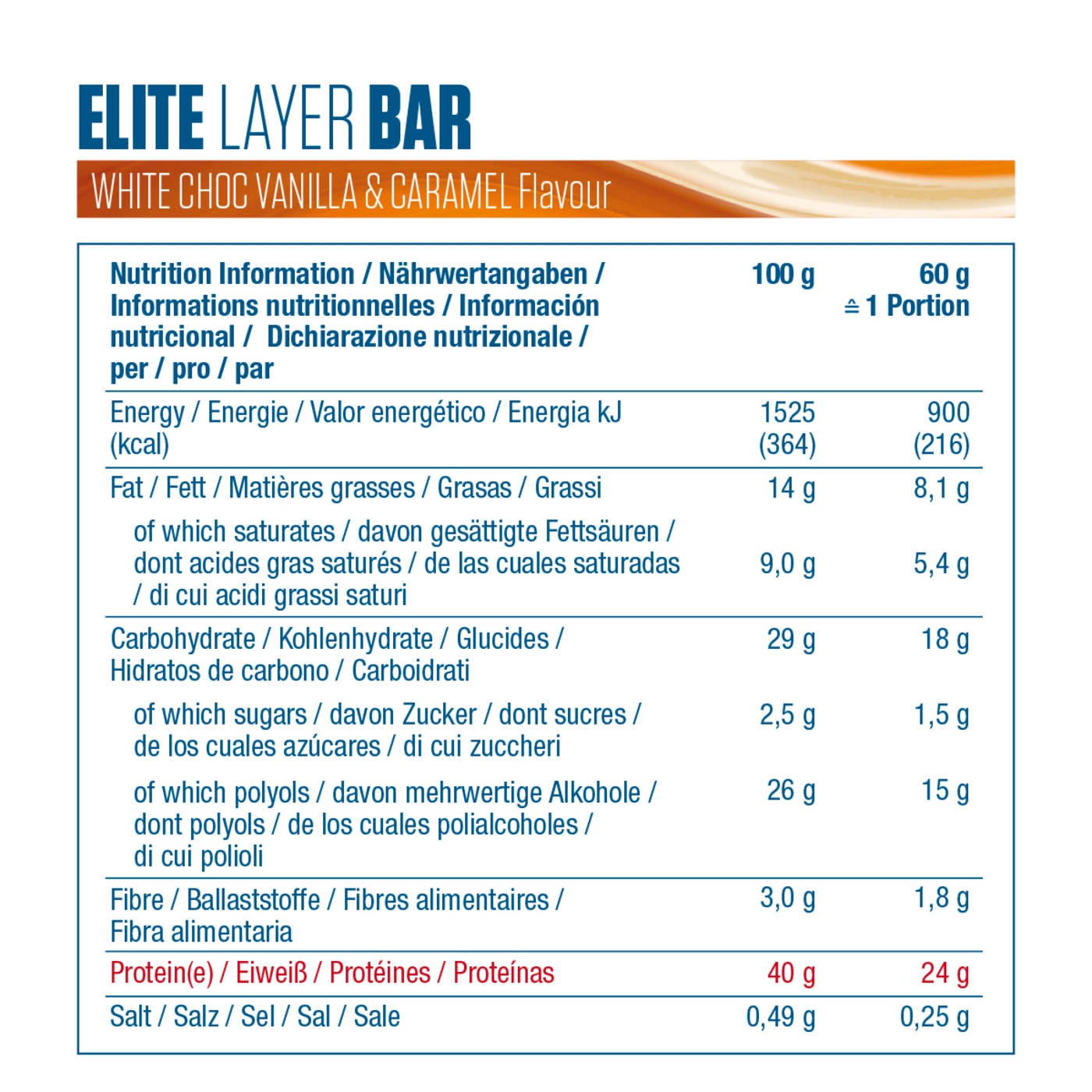 DYMATIZE Protein Riegel Elite Layer Bar White Choc Vanilla & Caramel 18 x 60 g