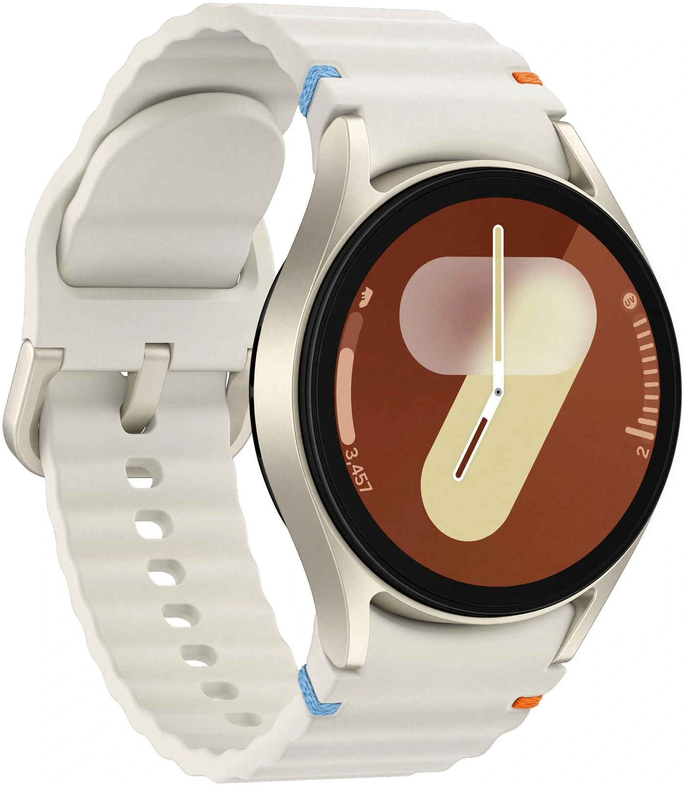 Weieige Smartwatch mit braunem Zifferblatt und
wei em Armband